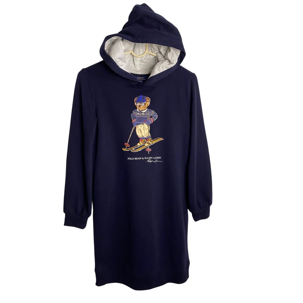 Polo Ralph Lauren Girls XL 16 Navy Polo Bear Skiing Fleece Hoodie Dress